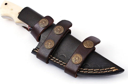 Engraved Damascus Hunting Knife – Buffalo Horn & Bone Handle Personalized Knife – Groomsmen Gift, Fathers Day, Wedding Gifts Husband Present