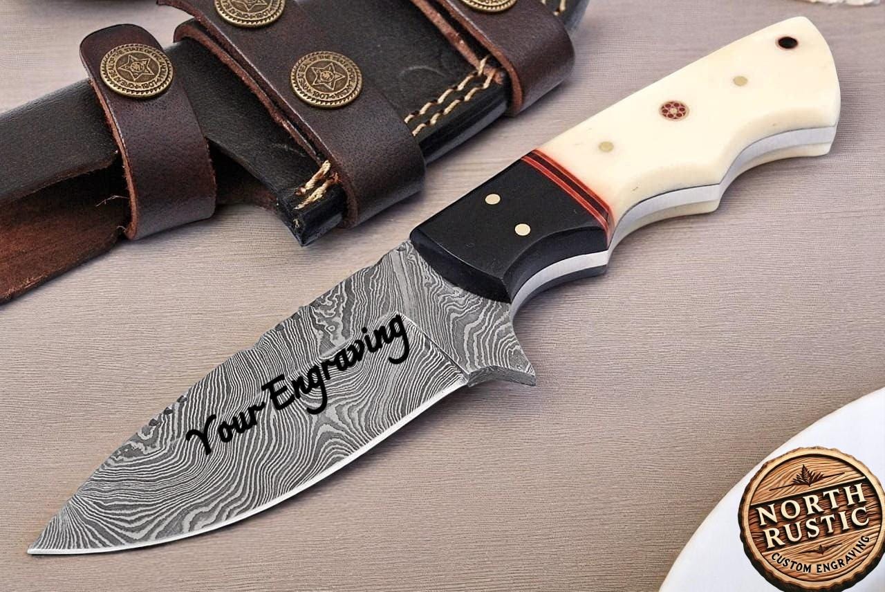 Engraved Damascus Hunting Knife – Buffalo Horn & Bone Handle Personalized Knife – Groomsmen Gift, Fathers Day, Wedding Gifts Husband Present