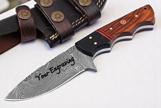 Rosewood Handle Engraved Knife – Personalized Damascus Hunting Knife – Groomsmen Gift, Fathers Day, Wedding Gifts, Husband Anniversary