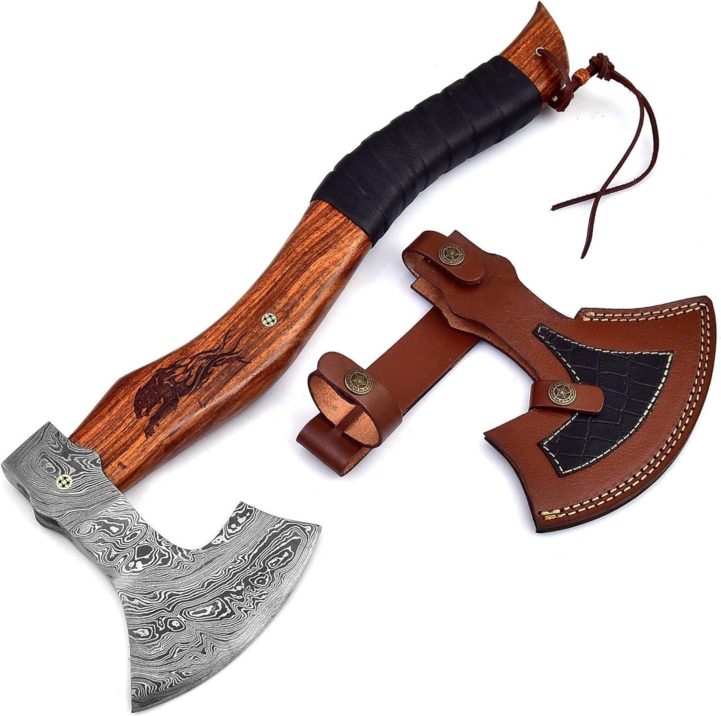 Engraved Damascus Hatchet Viking Axe – Personalized Walnut Wood Handle – Wedding Gifts, Fathers Day, Husband Anniversary, Gift For Him