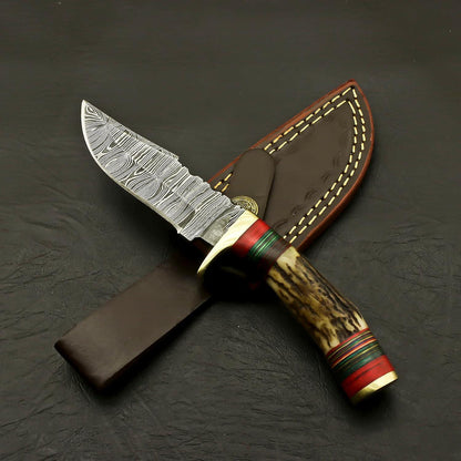 Engraved Damascus Hunting Knife – Custom Antler Stag Horn Personalized Knife – Groomsmen Gift, Fathers Day, Wedding Gifts, Collectible Knife