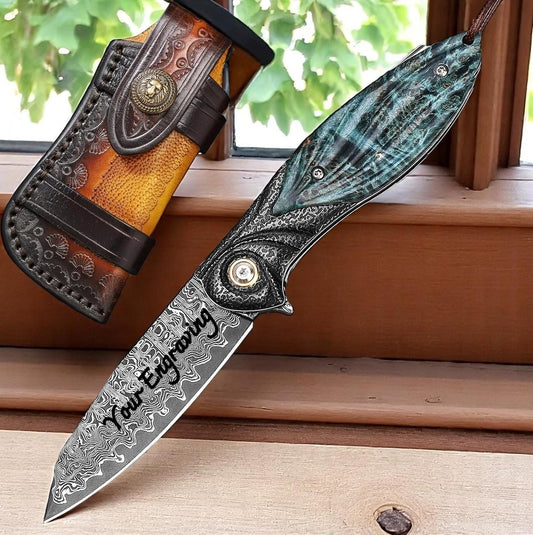 Engraved Damascus Pocket Knife | Personalized VG10 Folding Knife | Stabilized Wood Handle Knife | Husband Father Groomsmen Wedding Gift