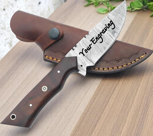 Rosewood Handle Personalized Knife – Engraved Damascus Hunting Knife – Groomsmen Gift, Fathers Day, Wedding Gifts, Husband Anniversary