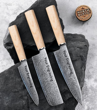 3 Pcs Set Chef Knife Nakiri Paring Damascus Kitchen Olive Wood Handle Culinary Personalized Utility Professional Knives Premium Quality KL11