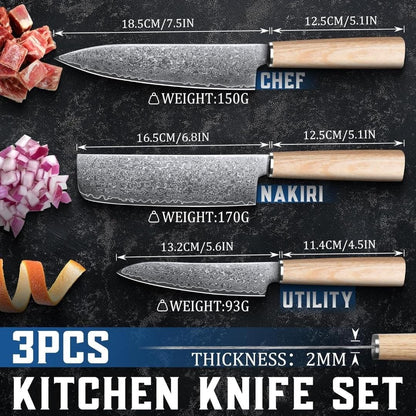 3 Pcs Set Chef Knife Nakiri Paring Damascus Kitchen Olive Wood Handle Culinary Personalized Utility Professional Knives Premium Quality KL11