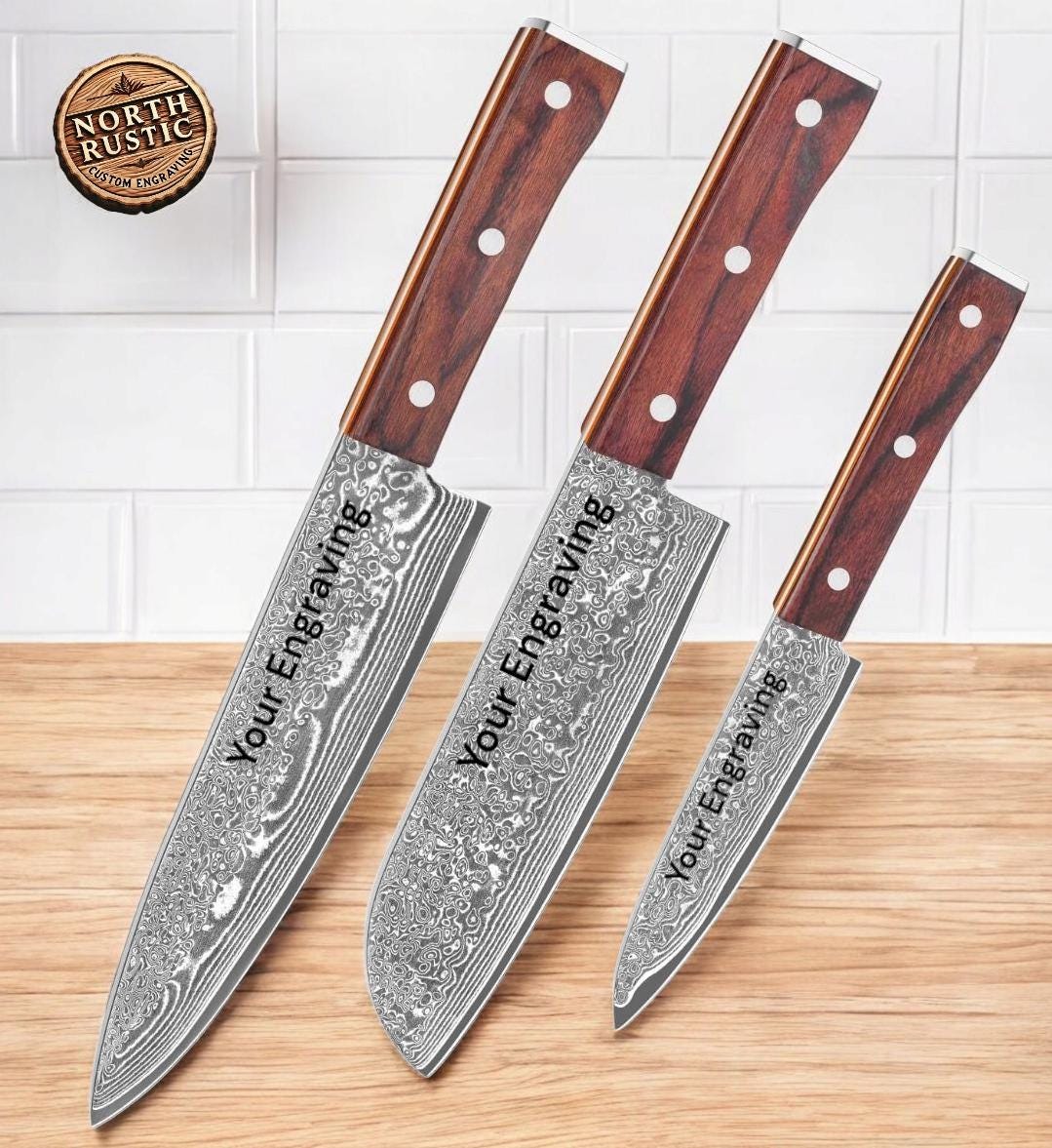 3 Pcs Chef Santoku Paring Knives Hammered Damascus Engraved Custom Culinary Chef Knife Gifts for Him Her Men Women Gift Cooking Cutlery KL12