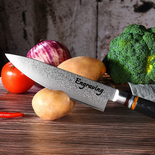 8" Engraved Chef Kitchen Knife Damascus Pakka Wood Handle