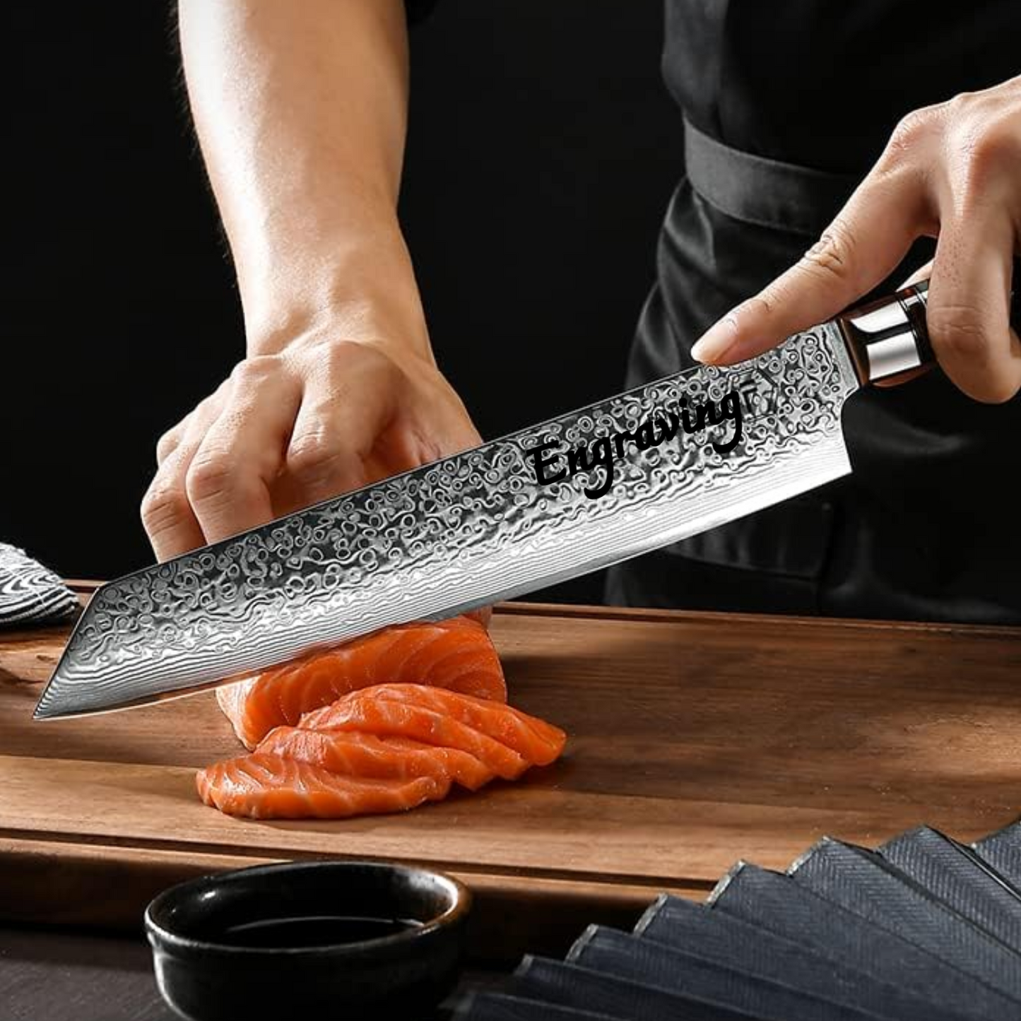 9.5" Engraved Kiritsuke Kitchen Knife Damascus Pakka Wood Handle