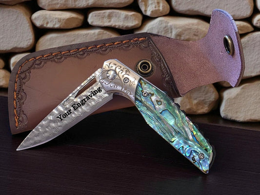 Abalone Handle 7" Damascus Pocket Knife