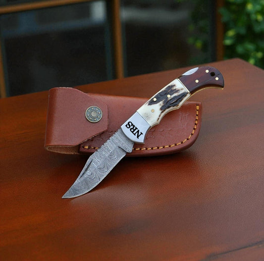 Deer Antler & Rosewood Handle 6.5" Damascus Pocket Knife