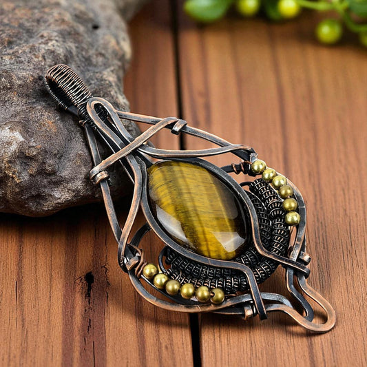 Wire Wrapped Necklace With Tiger Eye Pendant