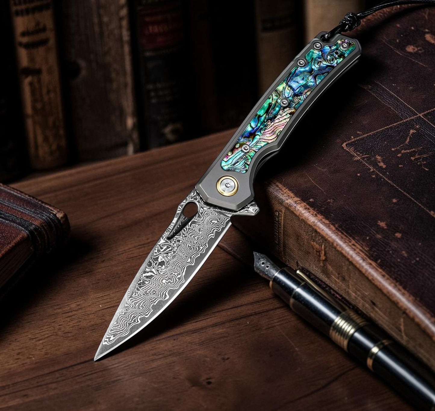 Engraved Damascus Pocket Knife - EDC Folding Knife with Abalone Handle