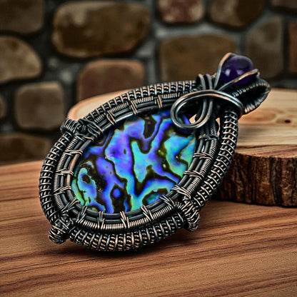 Wire Wrapped Abalone Shell Pendant 20" Necklace