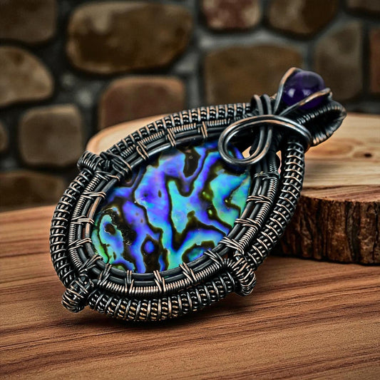 Wire Wrapped Abalone Shell Pendant 20" Necklace