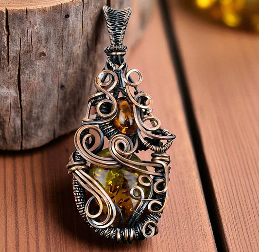 Wire Wrapped Necklace With Baltic Amber Pendant