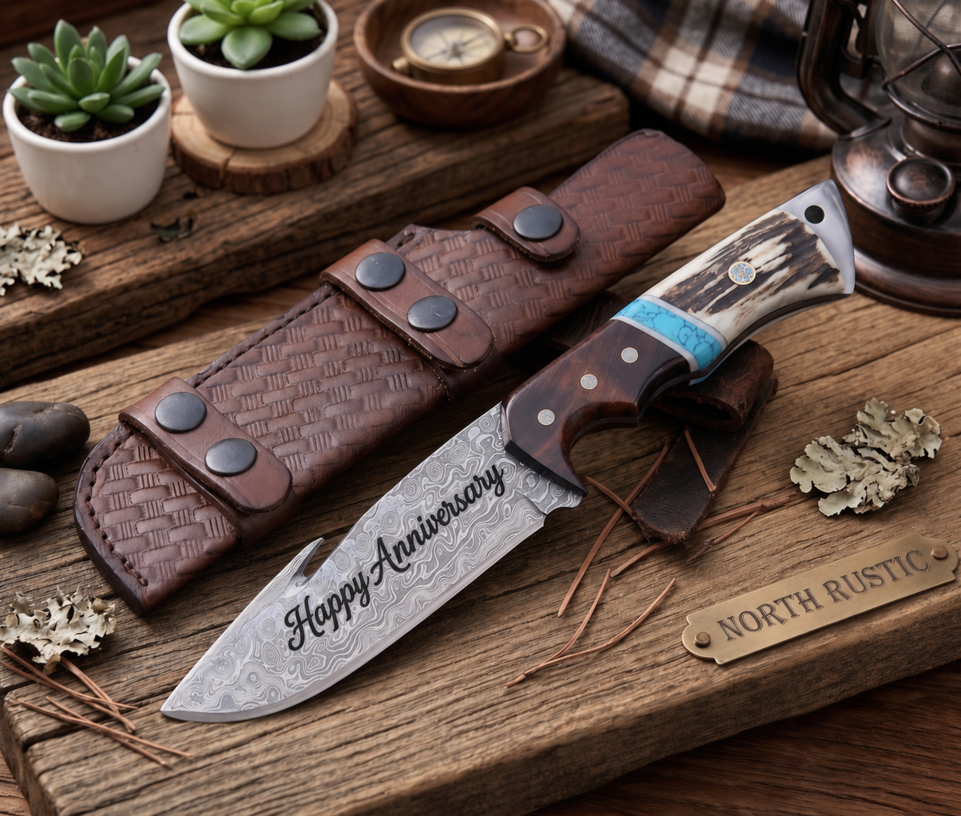 Deer Antler & Rosewood Handle Damascus 9.5" Hunting Knife Blue Turquoise