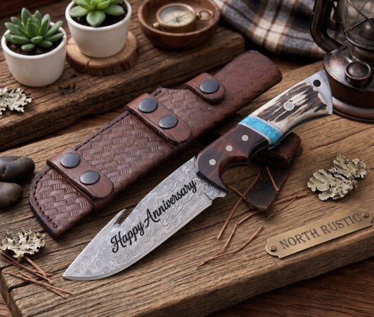 Deer Antler & Rosewood Handle Damascus 9.5" Hunting Knife Blue Turquoise