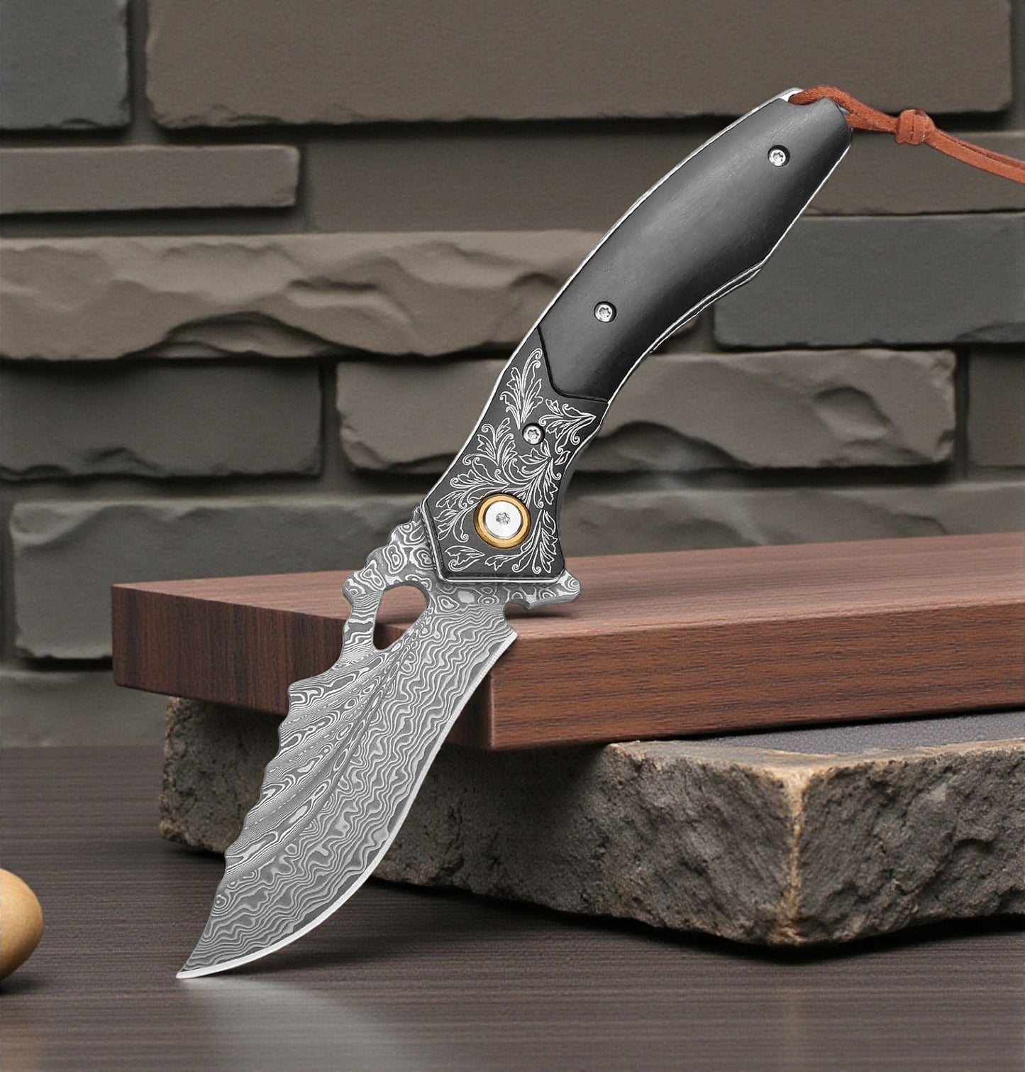 Damascus Folding Knife: Ebony Wood Handle, Engraved Pocket Knife Personalized