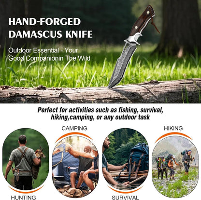 Engraved Damascus Hunting Knife – Fixed Blade with Personalization
