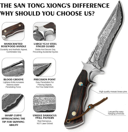 Engraved Damascus Hunting Knife – Fixed Blade with Personalization