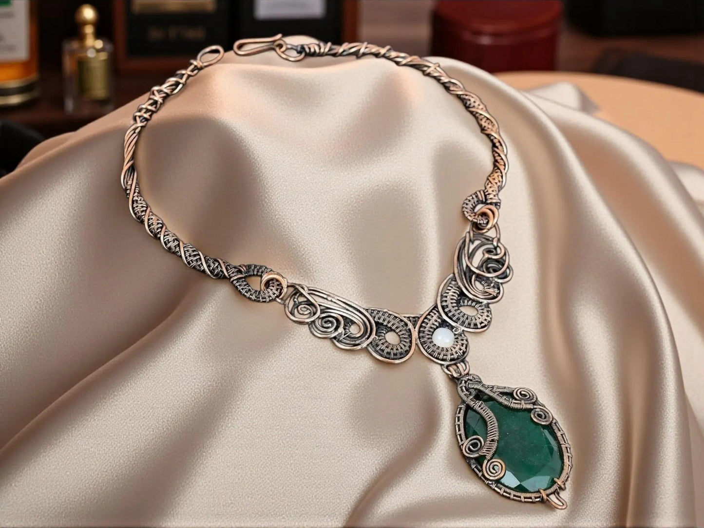 Wire Wrapped Necklace With Zambian Green Emerald Pendant