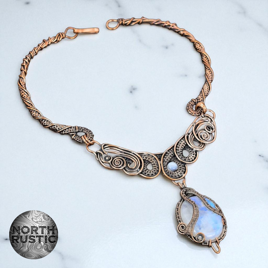 Rainbow Moonstone Copper Wire Wrapped Necklace