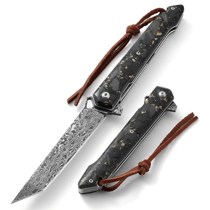 Gold Flake Engraved VG10 Damascus Pocket Knife
