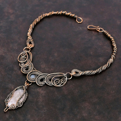 Copper Wire Wrapped Necklace with Rose Quartz Pendant