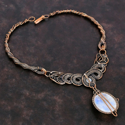 Rainbow Moonstone Copper Wire Wrapped Necklace