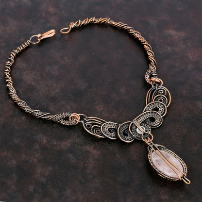Copper Wire Wrapped Necklace with Rose Quartz Pendant