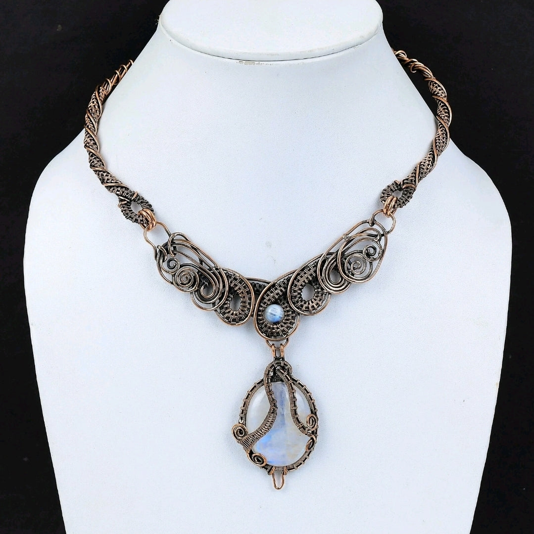Rainbow Moonstone Copper Wire Wrapped Necklace