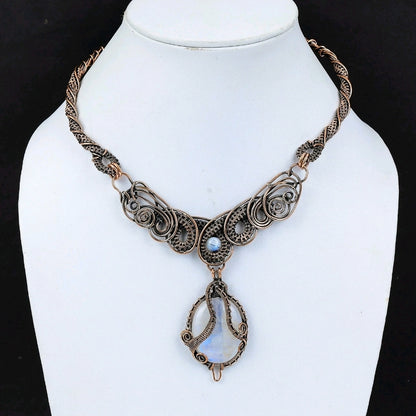 Rainbow Moonstone Copper Wire Wrapped Necklace