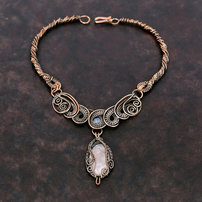 Copper Wire Wrapped Necklace with Rose Quartz Pendant