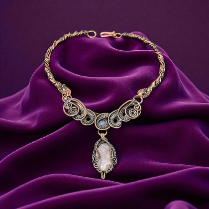 Copper Wire Wrapped Necklace with Rose Quartz Pendant
