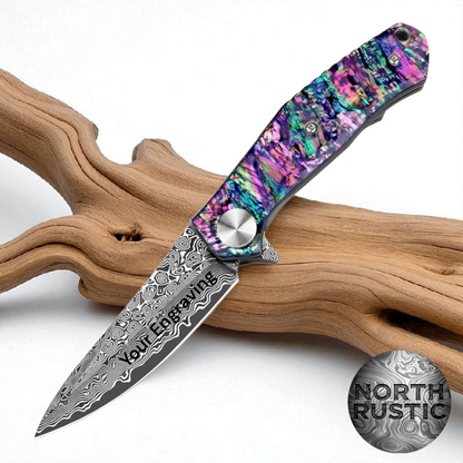 Purple Abalone Shell Handle Damascus Pocket Knife
