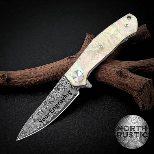 White Abalone Shell Handle Damascus Pocket Knife
