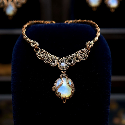 Rainbow Moonstone Copper Wire Wrapped Necklace