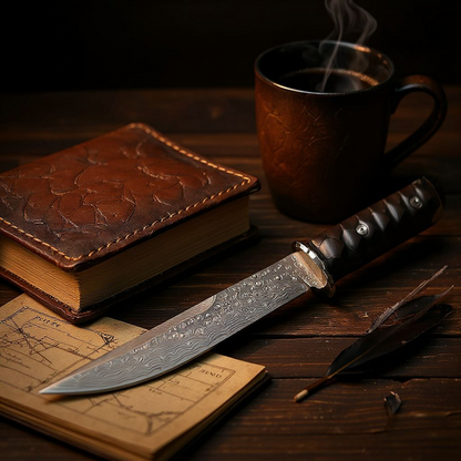 Engraved VG10 Damascus Hunting Knife, Ebony Wood Handle, Personalized Fixed Blade Knife, Personal Engraving Gift Custom Father Dad VE04