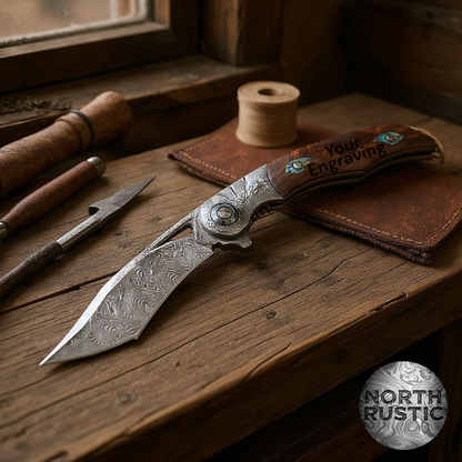 Engraved Damascus Pocket Knife | VG10 Personalized Folding Knife | Desert Ironwood Handle | Wedding Husband Anniversary Father Gift | NR39
