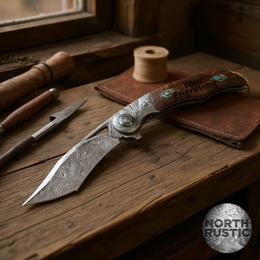 Engraved Damascus Pocket Knife | VG10 Personalized Folding Knife | Desert Ironwood Handle | Wedding Husband Anniversary Father Gift | NR39