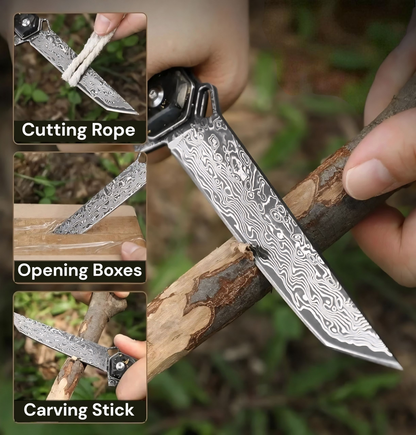 Gold Flake Engraved VG10 Damascus Pocket Knife
