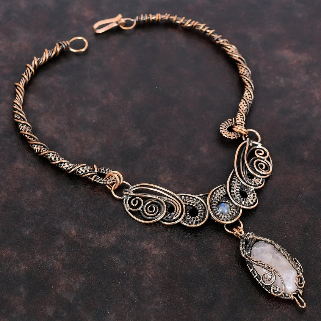 Copper Wire Wrapped Necklace with Rose Quartz Pendant