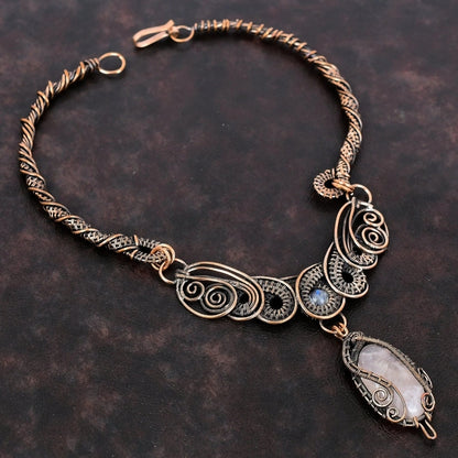 Copper Wire Wrapped Necklace with Rose Quartz Pendant
