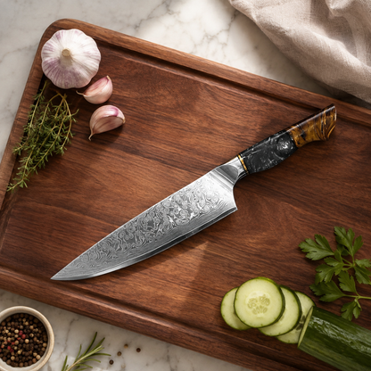 8" Damascus Kitchen Chef Knife Ergonomic Wood & Black Resin Handle