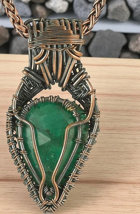Wire Wrapped Necklace With Green Emerald Pendant