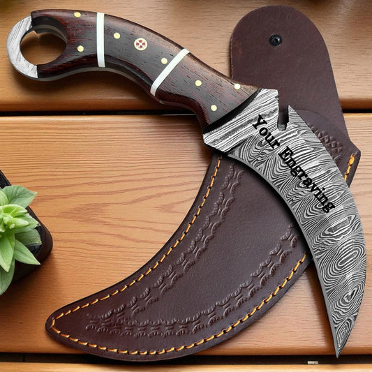 Wenge Wood Handle Damascus Karambit Hunting Knife