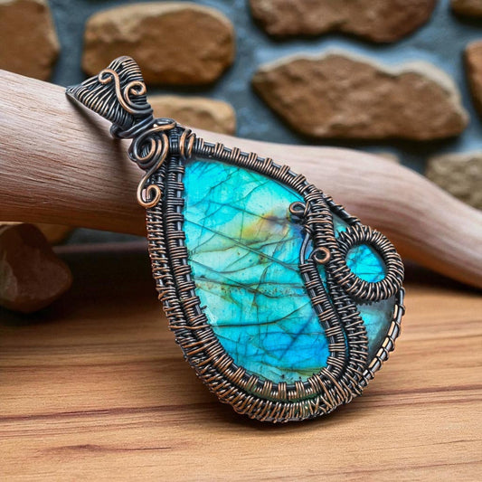 Wire Wrapped Labradorite Drop Pendant 20" Necklace