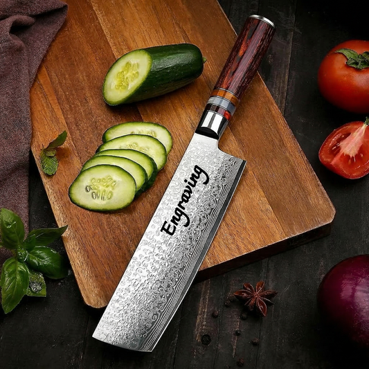 7" Nakiri Chopper Kitchen Knife Engraved Damascus Pakka Wood Handle