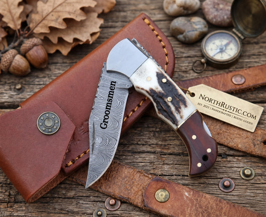 Engraved Damascus Folding Pocket Knife | Antler and Rosewood Handle