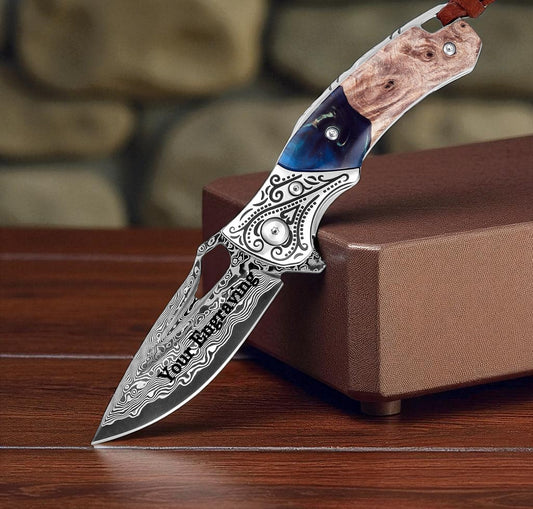 Damascus 6.5" Folding Knife Resin & Maple Wood Handle